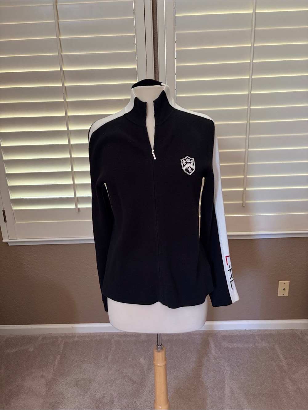 Ralph Lauren Women's Black Zip-Front  Jacket White Sleeve Detail like new M